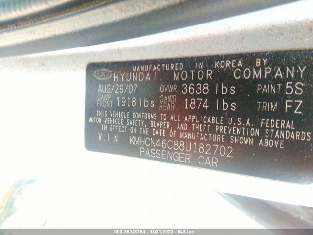 2008 HYUNDAI ACCENT GLS VIN: KMHCN46C88U182702