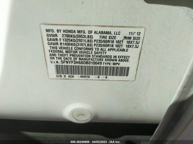 2013 HONDA PILOT EX-L VIN: 5FNYF3H68DB010049