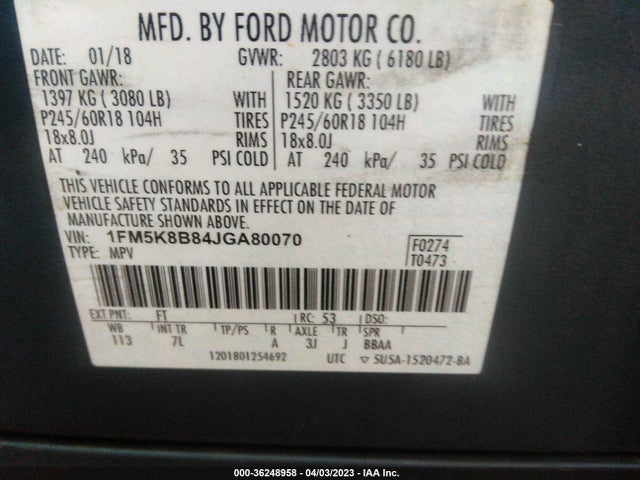1FM5K8B84JGA80070 Ford Explorer Base