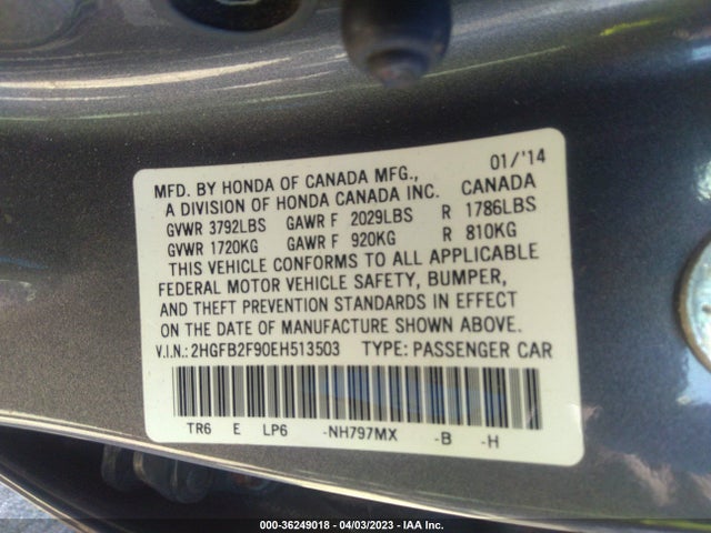 Honda Civic Sedan Ex-l 2014 2HGFB2F90EH513503 Image 9