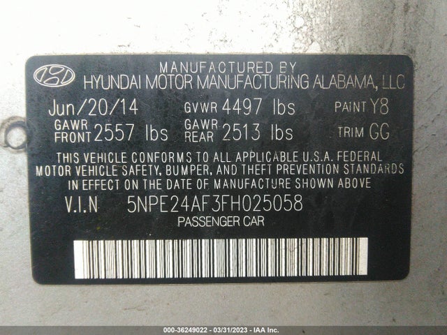 2015 HYUNDAI SONATA 2.4L SE VIN: 5NPE24AF3FH025058