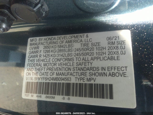 2021 HONDA PILOT SPECIAL EDITION VIN: 5FNYF6H24MB094563