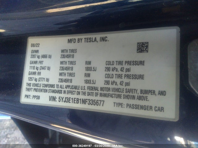 5YJ3E1EB1NF335677 Tesla Model 3 Long Range
