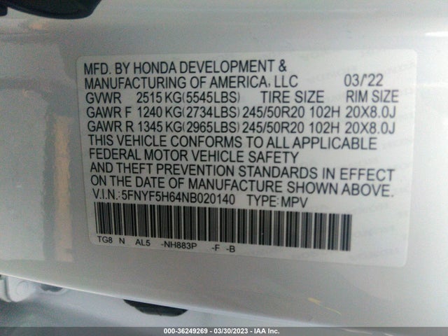 Honda j35y6 2022 5FNYF5H64NB020140 Image 22