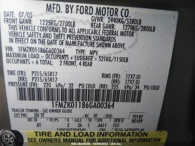 2006 FORD FREESTYLE SE VIN: 1FMZK01186GA00364