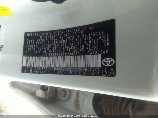 Продаж на аукціоні авто 2015 Toyota Corolla L/le/s/s Plus/le Plus, vin: 5YFBURHE6FP298053, номер лоту: 36249318