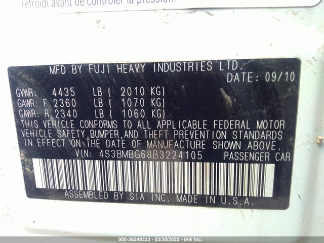 2011 SUBARU LEGACY 2.5I PREM AWP/PWR MOON VIN: 4S3BMBG68B3224105