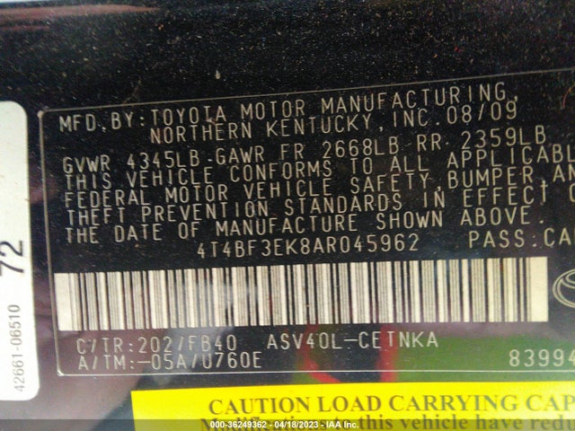 2010 TOYOTA CAMRY VIN: 4T4BF3EK8AR045962