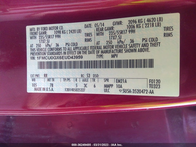 2014 FORD ESCAPE SE VIN: 1FMCU0GX6EUD43959
