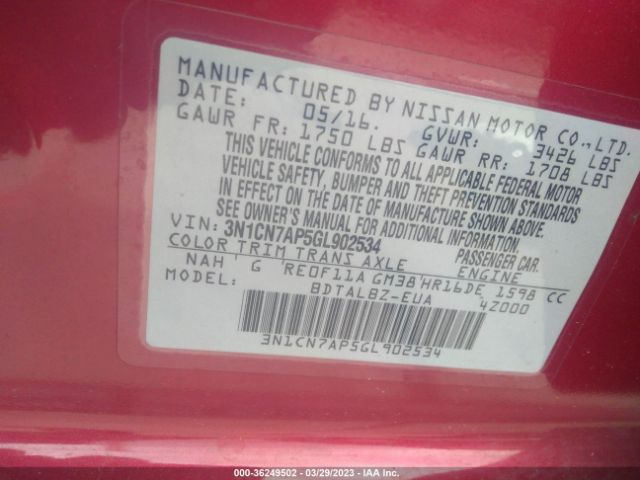 3N1CN7AP5GL902534 Nissan VERSA SV