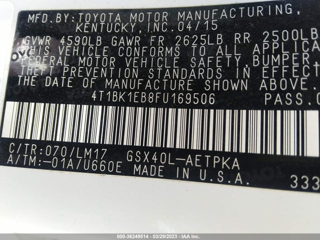 Toyota AVALON LIMITED 2015 4T1BK1EB8FU169506 Image 10