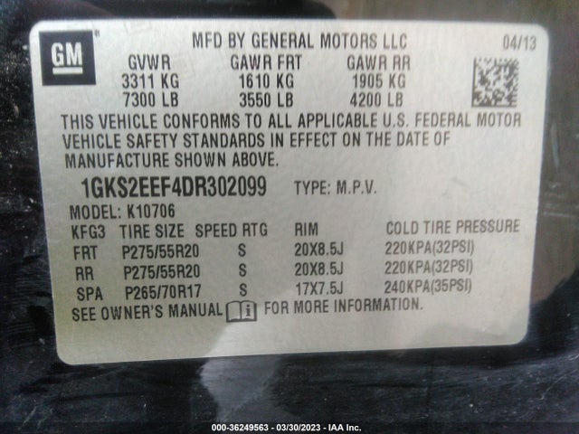 2013 GMC YUKON DENALI VIN: 1GKS2EEF4DR302099