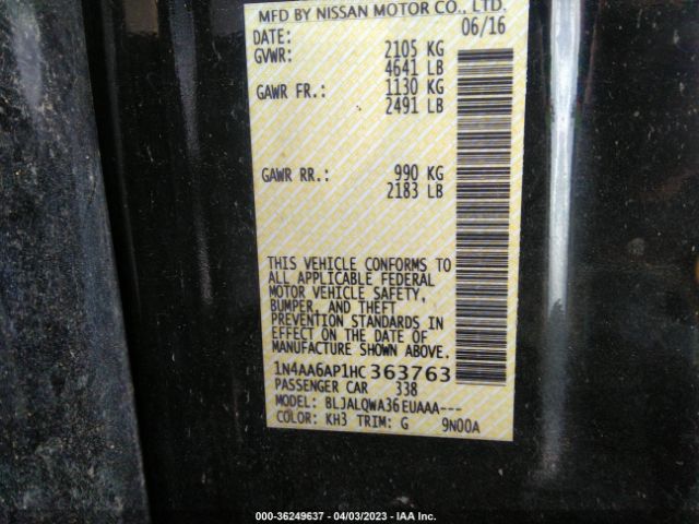 1N4AA6AP1HC363763 Nissan Maxima Sv/s/sl/sr/platinum