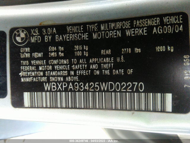 2005 BMW X3 3.0I VIN: WBXPA93425WD02270