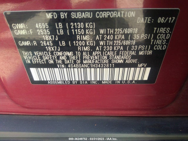 2017 SUBARU OUTBACK LIMITED VIN: 4S4BSANC1H3432811
