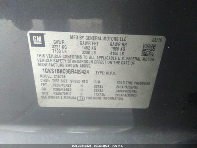 GMC YUKON SLT 2016 1GKS1BKC9GR409424 Image 9