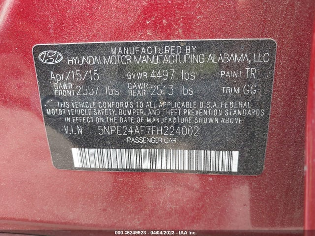 Hyundai Sonata 2.4l Se 2015 5NPE24AF7FH224002 Image 10