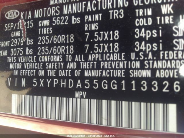 5XYPHDA55GG113326 KIA SORENTO EX
