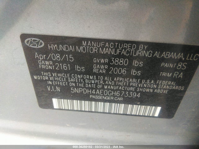 2016 HYUNDAI ELANTRA LIMITED VIN: 5NPDH4AE0GH673394