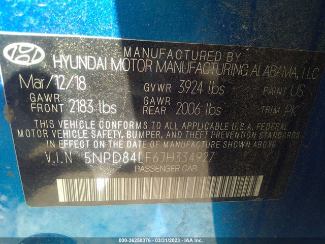 2018 HYUNDAI ELANTRA SEL VIN: 5NPD84LF6JH334927