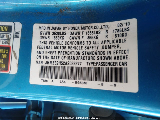 2010 HONDA INSIGHT LX VIN: JHMZE2H52AS032277