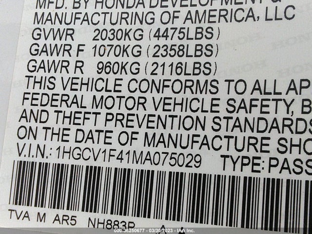2021 HONDA ACCORD SEDAN SPORT SE VIN: 1HGCV1F41MA075029