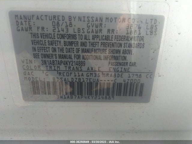 2019 NISSAN SENTRA SV VIN: 3N1AB7AP4KY214889