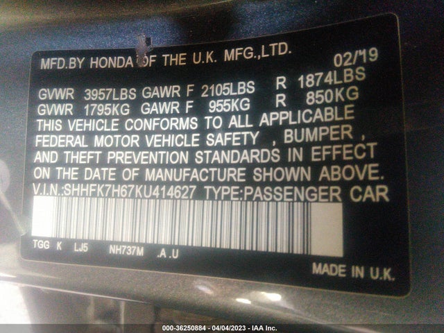 Honda Civic Hatchback Ex 2019 SHHFK7H67KU414627 Image 9