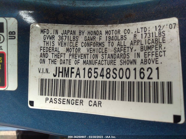 2008 HONDA CIVIC SDN LX VIN: JHMFA16548S001621