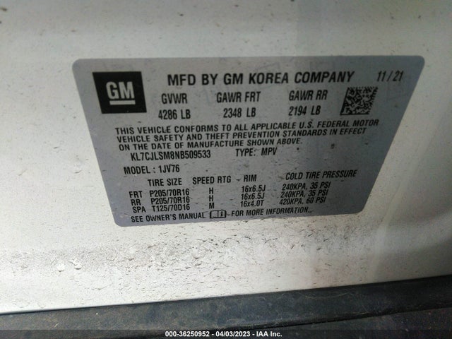 Chevrolet Trax Lt 2022 KL7CJLSM8NB509533 Image 9