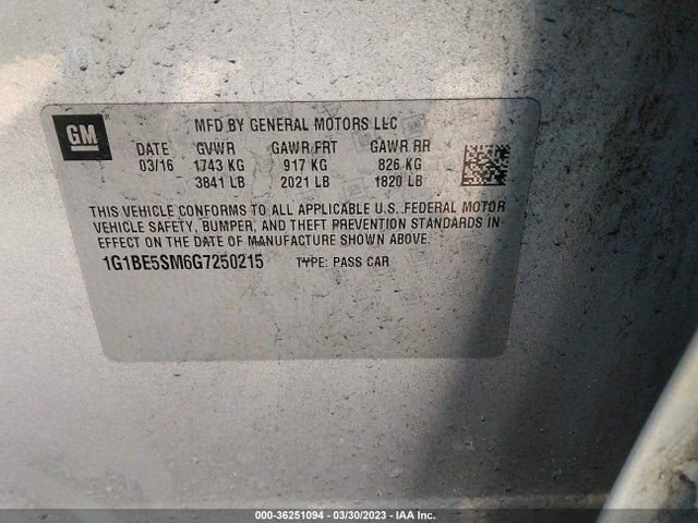 Chevrolet CRUZE LT 2016 1G1BE5SM6G7250215 Image 10