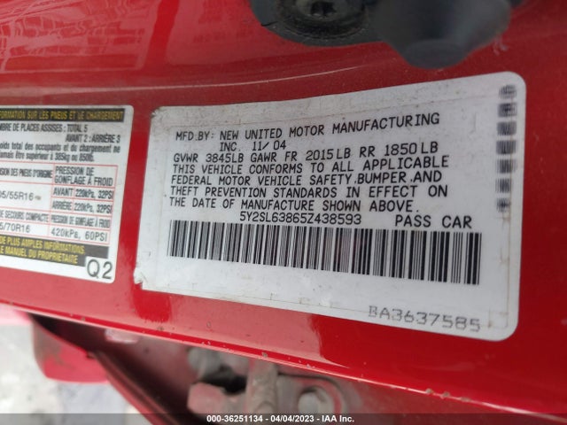 2005 PONTIAC VIBE VIN: 5Y2SL63865Z438593