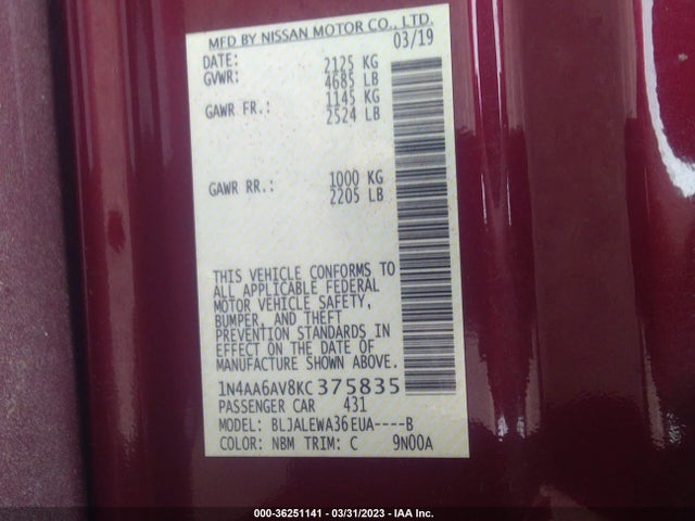 Nissan MAXIMA SL 2019 1N4AA6AV8KC375835 Image 9
