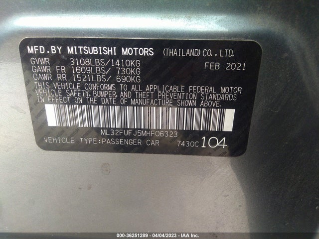 2021 MITSUBISHI MIRAGE G4 ES/LE/CARBONITE EDITION VIN: ML32FUFJ5MHF06323
