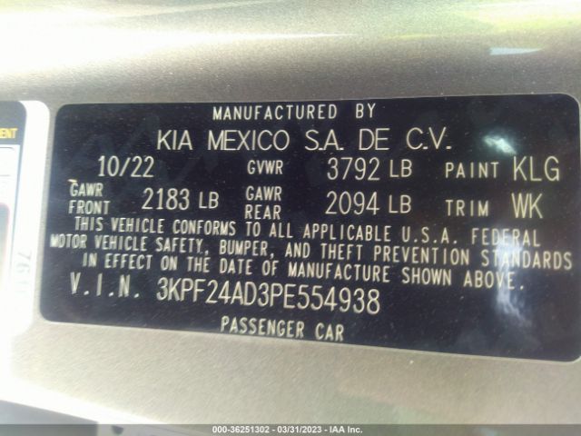 3KPF24AD3PE554938 KIA Forte Lxs