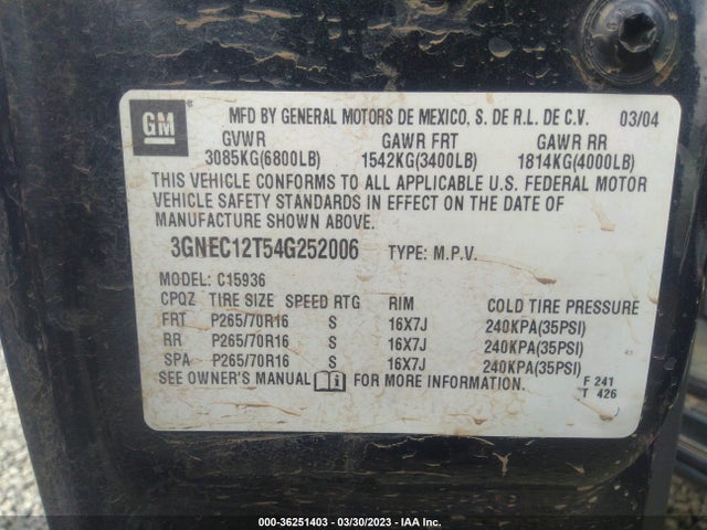 2004 CHEVROLET AVALANCHE VIN: 3GNEC12T54G252006