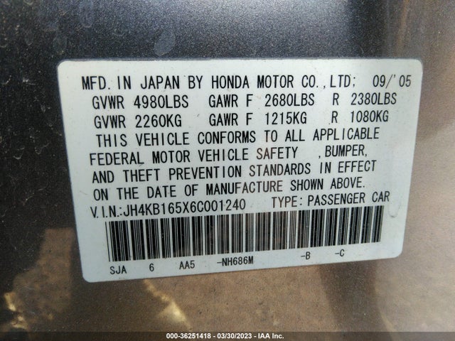 Продажа на аукционе авто 2006 Acura Rl, vin: JH4KB165X6C001240, номер лота: 36251418