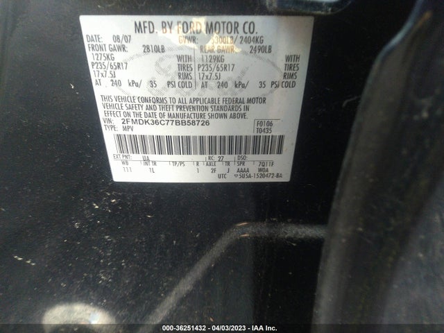 2007 FORD EDGE SE VIN: 2FMDK36C77BB58726
