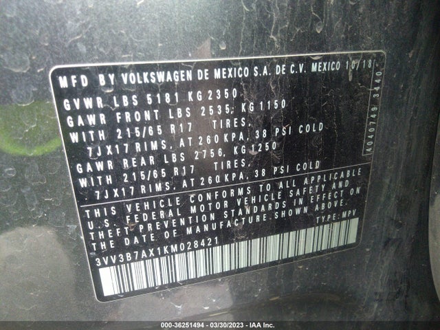 3VV3B7AX1KM028421 Volkswagen Tiguan Se/sel/sel R-line