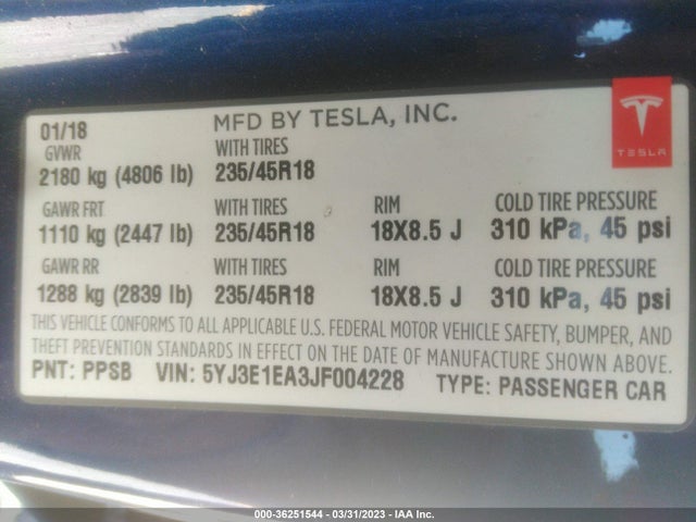 Tesla Model 3 Range Battery 2018 5YJ3E1EA3JF004228 Image 9