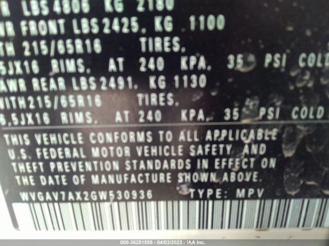 WVGAV7AX2GW530936 Volkswagen TIGUAN S