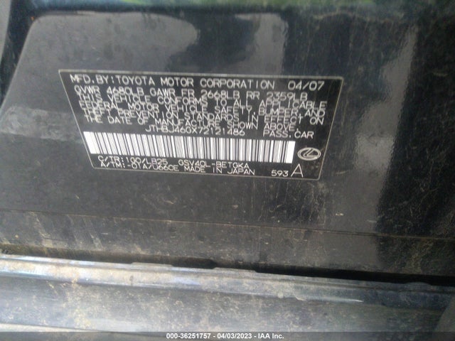2007 LEXUS ES 350 VIN: JTHBJ46GX72121486