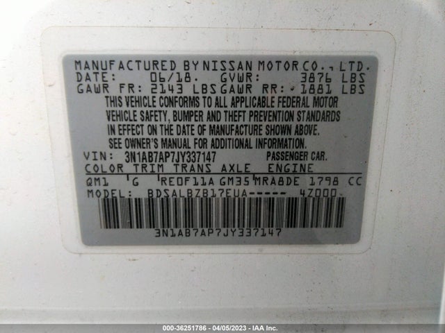 2018 NISSAN SENTRA S VIN: 3N1AB7AP7JY337147