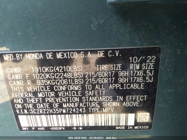 3CZRZ2H35PM724243 Honda Hr-v Awd Lx
