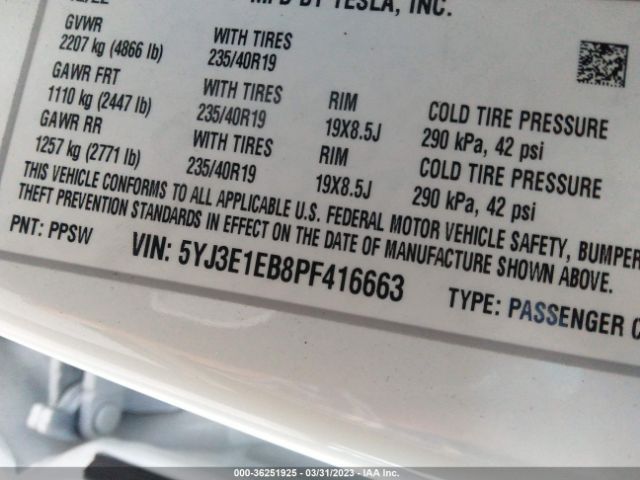 5YJ3E1EB8PF416663 Tesla MODEL 3