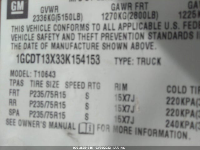 2003 CHEVROLET S-10 LS VIN: 1GCDT13X33K154153