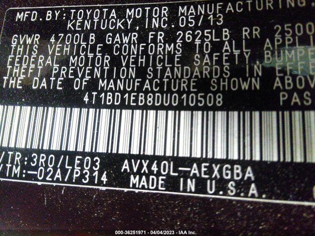 2013 TOYOTA AVALON HYBRID XLE PREMIUM VIN: 4T1BD1EB8DU010508