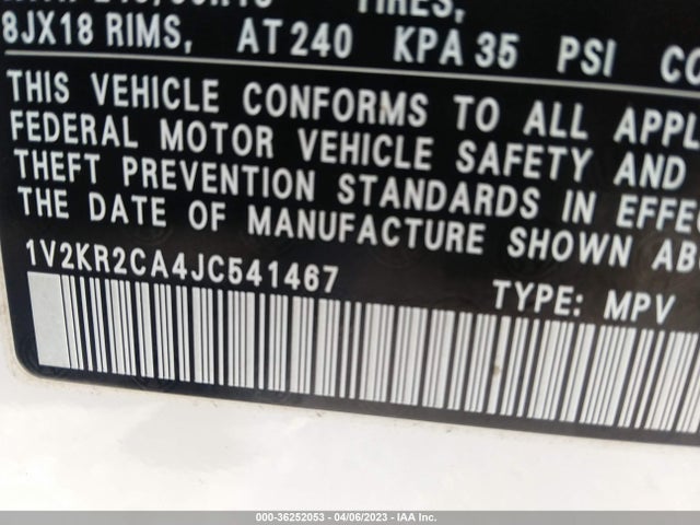 1V2KR2CA4JC541467 Volkswagen Atlas 3.6l V6 Se