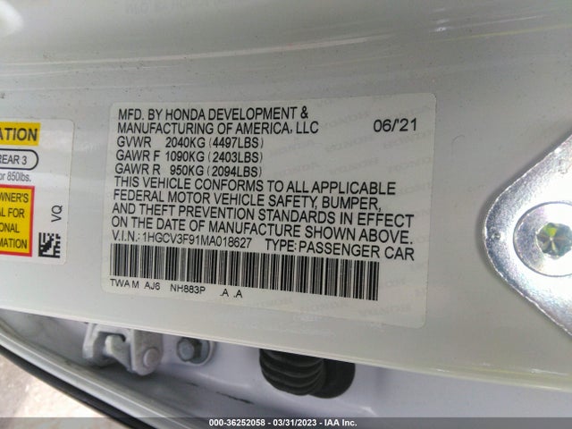 2021 HONDA ACCORD HYBRID TOURING VIN: 1HGCV3F91MA018627