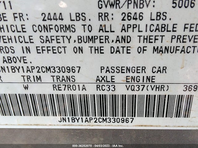 2012 INFINITI M37 VIN: JN1BY1AP2CM330967